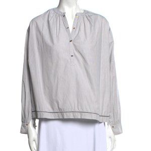 ULLA JOHNSON V-Neck Blue Cotton Long Sleeve Tunic Blouse Size: XS